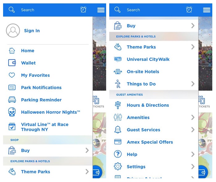Menu do Aplicativo Oficial da Universal Orlando Resort