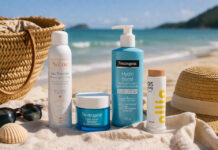 Cuidados com a pele depois da praia: minha rotina completa para hidratar e recuperar a pele produtos de cuidados com a pele depois da praia na areia com água termal avene, hidratante neutrogena e protetor solar