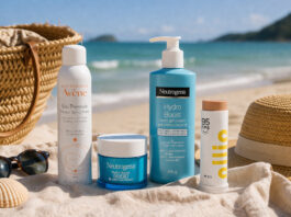 Cuidados com a pele depois da praia: minha rotina completa para hidratar e recuperar a pele produtos de cuidados com a pele depois da praia na areia com água termal avene, hidratante neutrogena e protetor solar