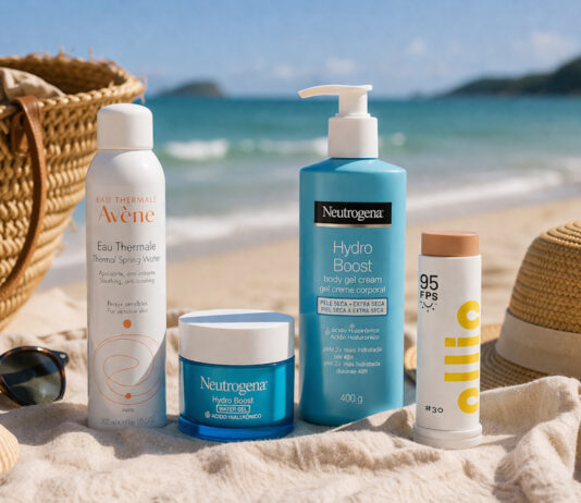 Cuidados com a pele depois da praia: minha rotina completa para hidratar e recuperar a pele produtos de cuidados com a pele depois da praia na areia com água termal avene, hidratante neutrogena e protetor solar