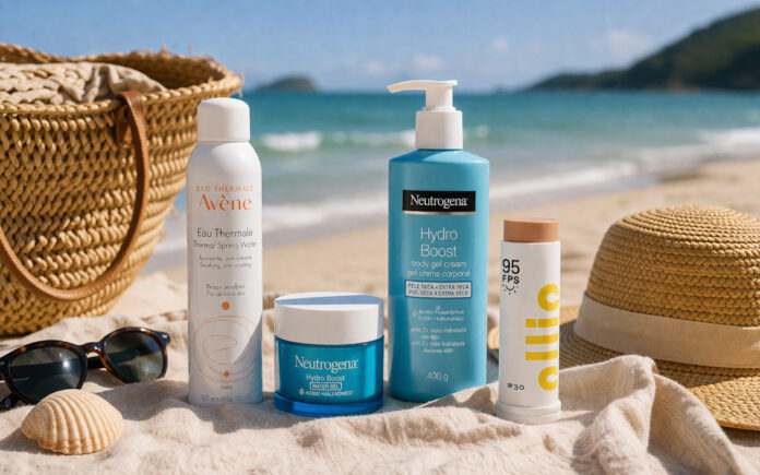 cuidados-com-a-pele-depois-da-praia produtos de cuidados com a pele depois da praia na areia com água termal avene, hidratante neutrogena e protetor solar