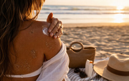 mulher aplicando hidratante no corpo depois da praia para evitar ressecamento da pele