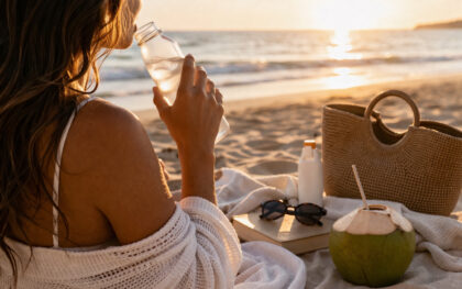 hidratação do corpo com água após um dia de praia para manter a pele saudável
